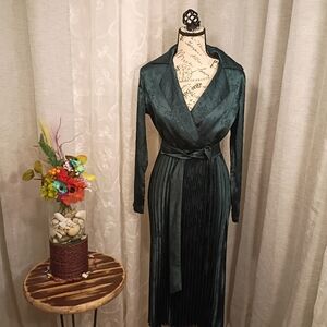 SHEIN Dark Green Satin Wrap Dress with Pleated Skirt